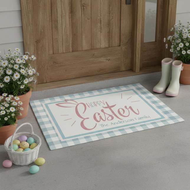 Tapete Felz pascoa Country Blue Gingham Personalizado (Country Blue Gingham Happy Easter Personalized Doormat)