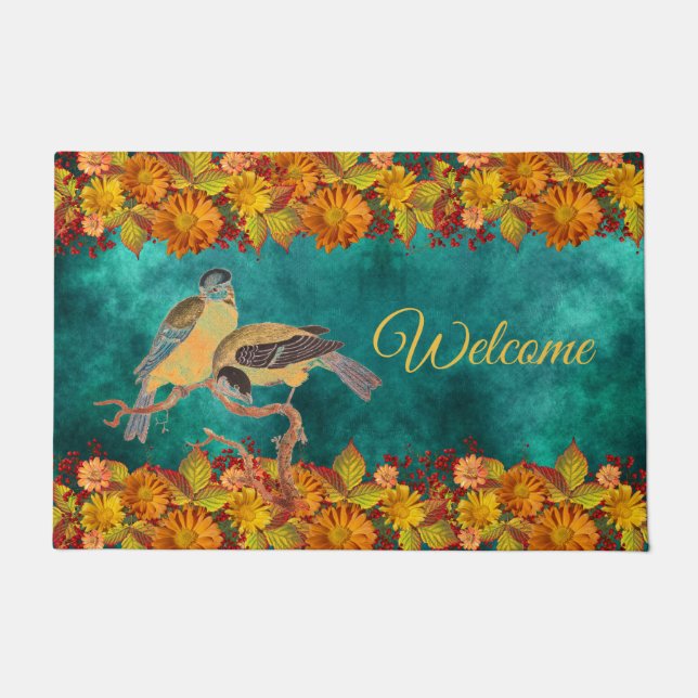 Tapete Floral & Birds Laranja, Vermelho, Amarelo, Teal, C (Frente)