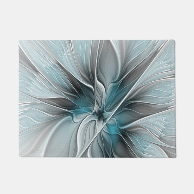 Tapete Floral Fractal Moderno Abstrato Flor Azul Cinza (Frente)