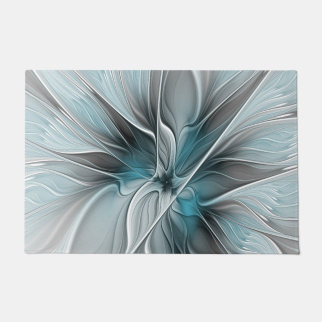 Tapete Floral Fractal Moderno Abstrato Flor Azul Cinza (Frente)