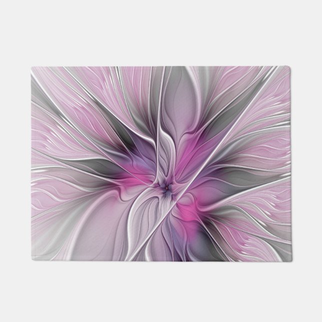 Tapete Floral Fractal Moderno Abstrato Flor Rosa Cinza (Frente)