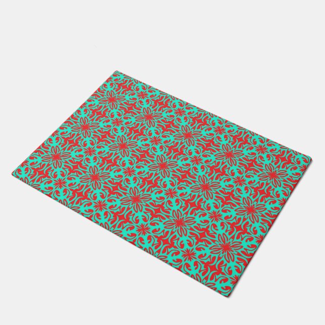 Tapete Floral vermelho e azul-turquesa (Inclinado)