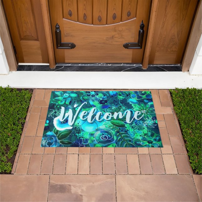 Tapete Flores abstrato Florais Azuis Azuis-Teais Verdes (Ar livre)