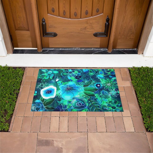 Tapete Flores abstrato Florais Azuis Azuis-Teais Verdes (Ar livre)