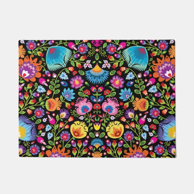 Tapete Flores folclóricas Wycinanki preto (Frente)