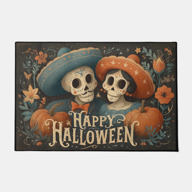 Tapete Folk Skull Couple with Pumpkins Happy Halloween (Frente)