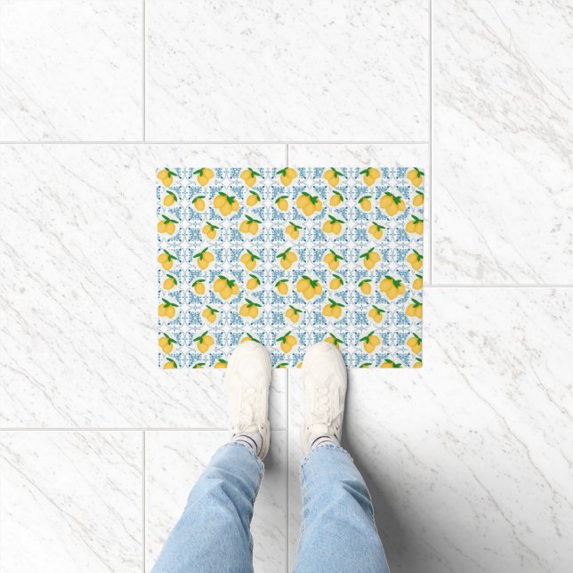 Tapete French Country Lemon Blue Tile Pattern (Interior)