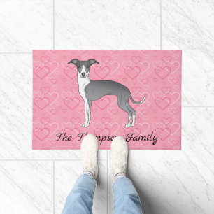 Tapete Galgo Italiano Azul e Branco em Corações Rosas
