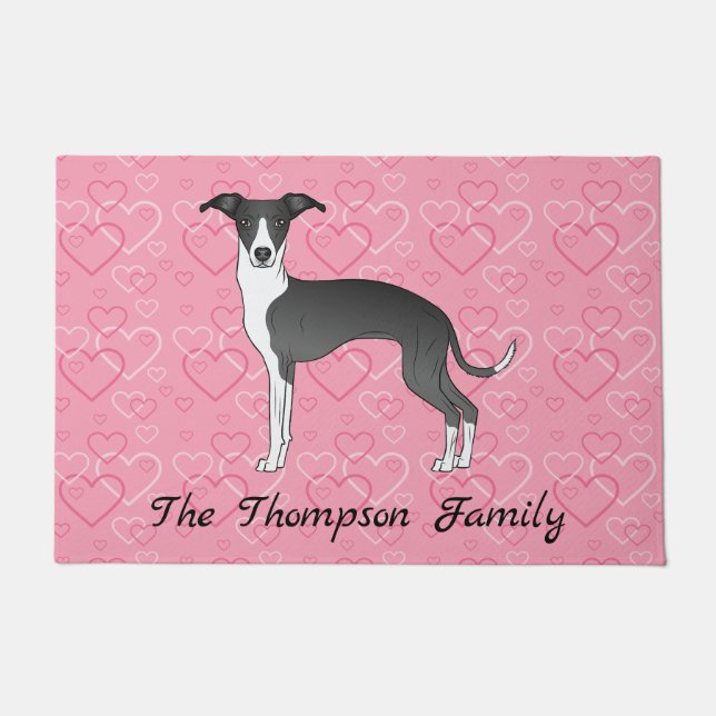 Tapete Galgo Italiano Preto e Branco em Corações Rosas (Frente)