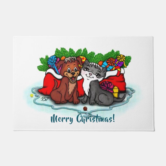 Tapete Gatinho e puppy, XMas feliz (Frente)