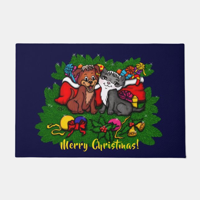 Tapete Gatinho e puppy, XMas feliz (Frente)