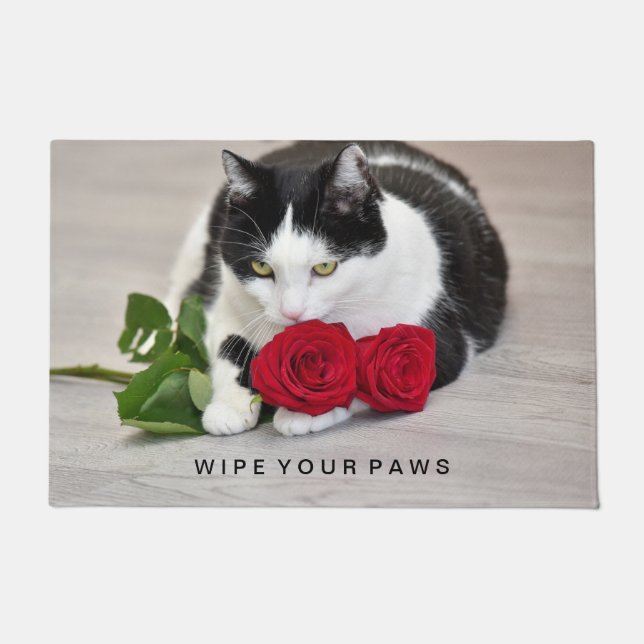 Tapete Gato bonito com rosa vermelha (Frente)