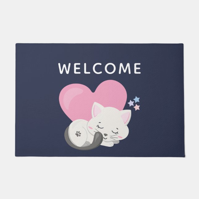 Tapete Gato de Gatinha Doce Dormindo com Boas-vindas a Co (Frente)