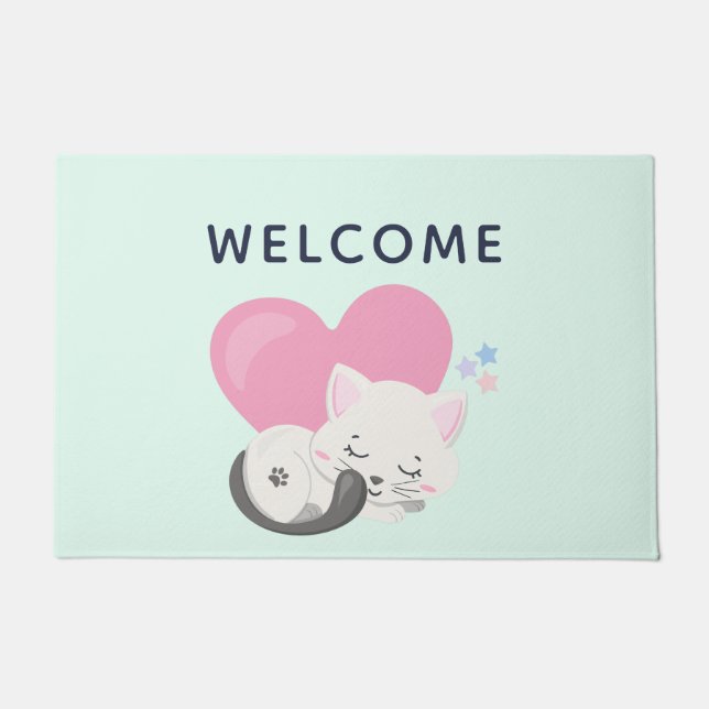 Tapete Gato de Gatinha Doce Dormindo com Boas-vindas a Co (Frente)