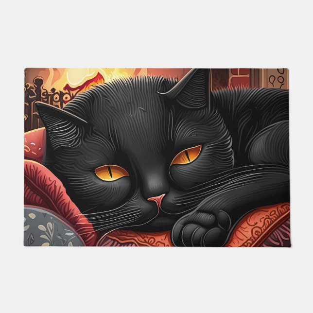 Tapete Gato negro deitado em frente a uma lareira (Frente)