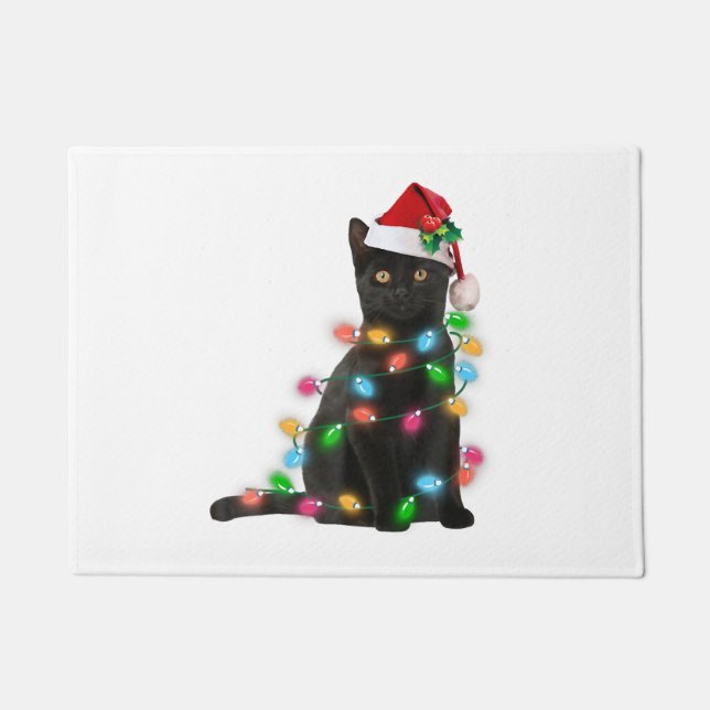 Tapete Gato Preto Com Chapéu De Papai Noel Luzes De Natal (Frente)