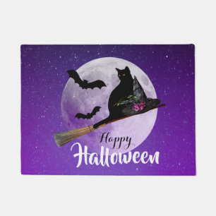 Tapete Gato Preto de Halloween na Vassoura Lua Cheia