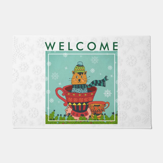 Tapete Gato Sentado em um Teacup Bem-vindo (Frente)