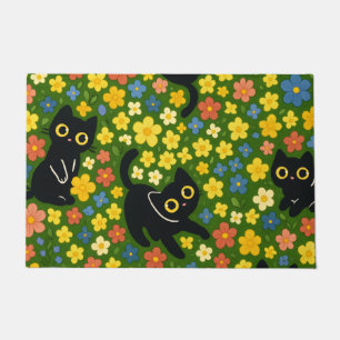 Tapete Gatos Pretos Fofos Padrão de Prado Floral