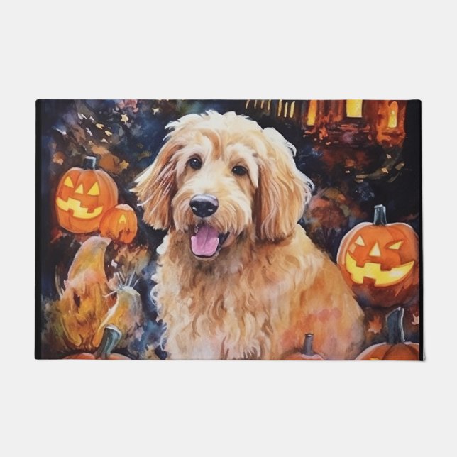 Tapete Goldendoodle do Halloween Com Pumpkins Assustado (Frente)
