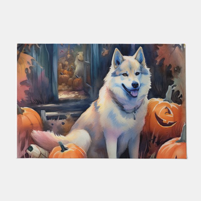 Tapete Halloween Alaskan Malamute Com Pumpkins Assustado (Frente)