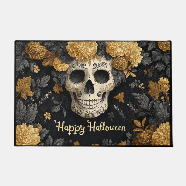 Tapete Halloween Bone White Skull with Golden Marigolds (Frente)