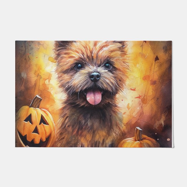 Tapete Halloween Cairn Terrier Com Pumpkins Assustado (Frente)
