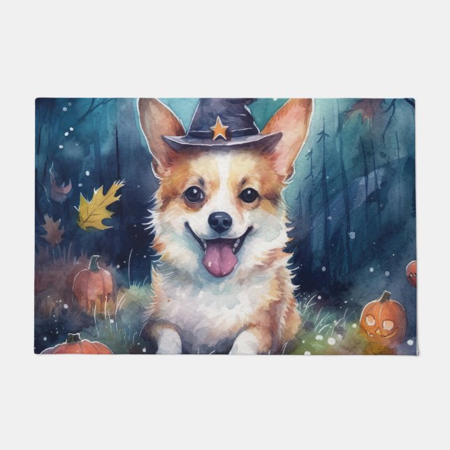 Tapete Halloween Corgi Com Pumpkins Assustado (Frente)