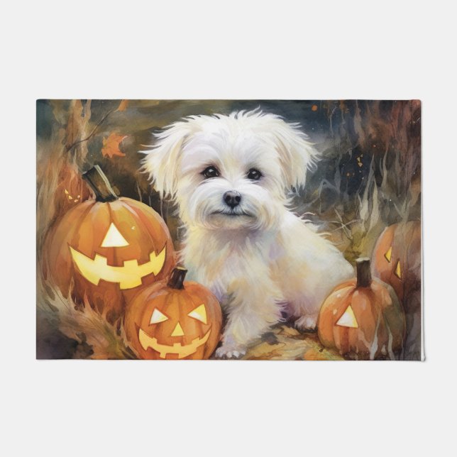 Tapete Halloween Coton De Tulear Com Abóboras Assustador (Frente)