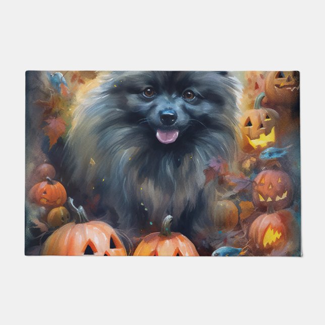 Tapete Halloween Keeshond Com Pumpkins Assustado (Frente)
