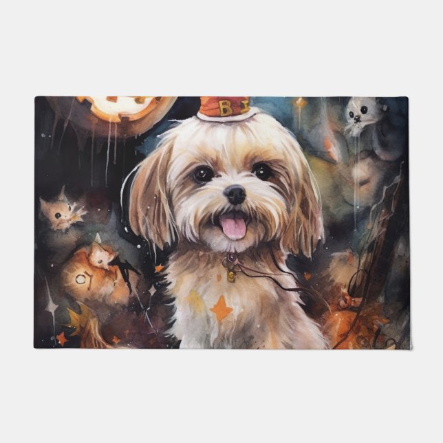Tapete Halloween Lhasa Apso Com Pumpkins Assustado (Frente)