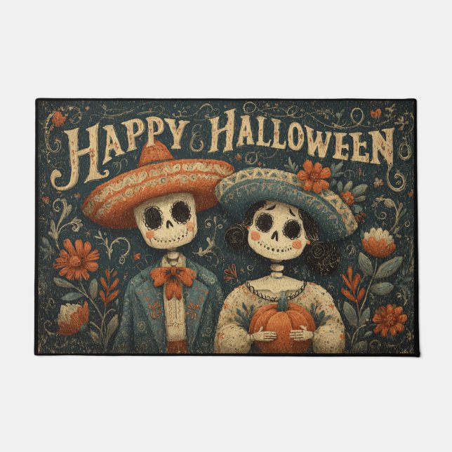 Tapete Halloween Skull Couple with Pumpkins and Sombreros (Frente)