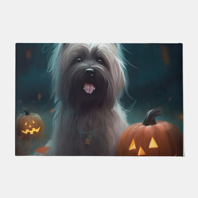 Tapete Halloween Skye Terrier Com Pumpkins Assustado (Frente)
