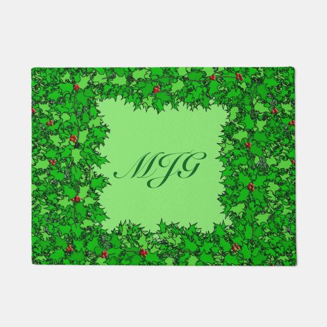Tapete Holly Wreath com Monograma, Verde Escuro (Frente)