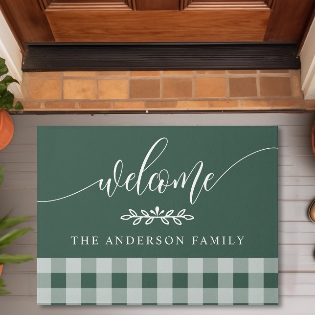 Tapete Hunter Green Buffalo Check Welcome Personalizado (Criador carregado)