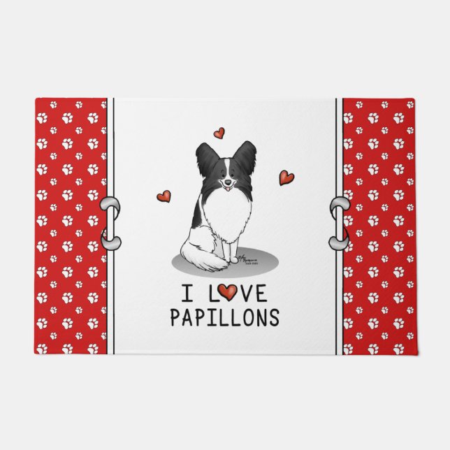 Tapete I Love Papillons (branco e preto) Hearts Dogs Cute (Frente)