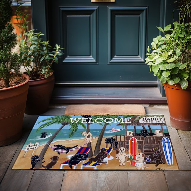 Tapete Ilhas Férias de Verão Labradores (Island Summer Vacation Labradors Doormat.  Personalized gift idea for Labrador Owners.)