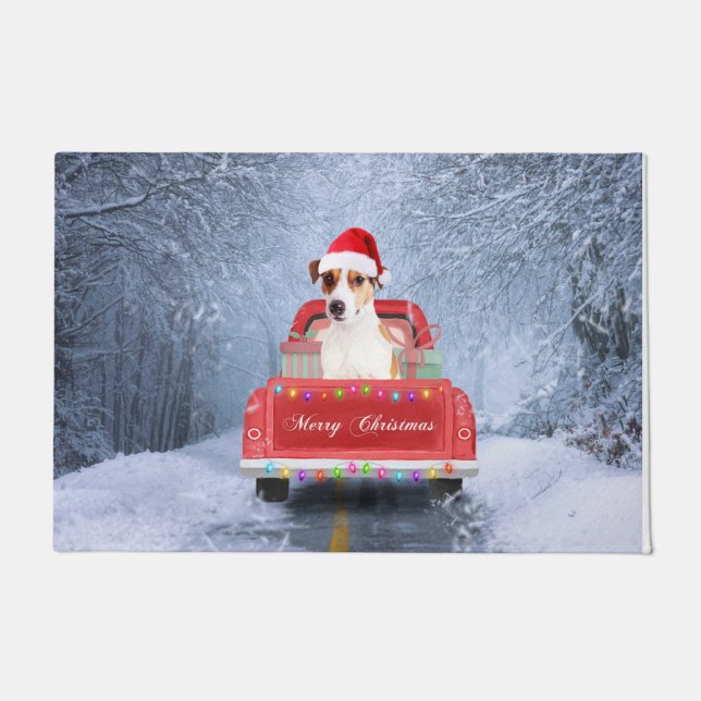 Tapete Jack Russell Dog em neve sentado no Natal (Frente)