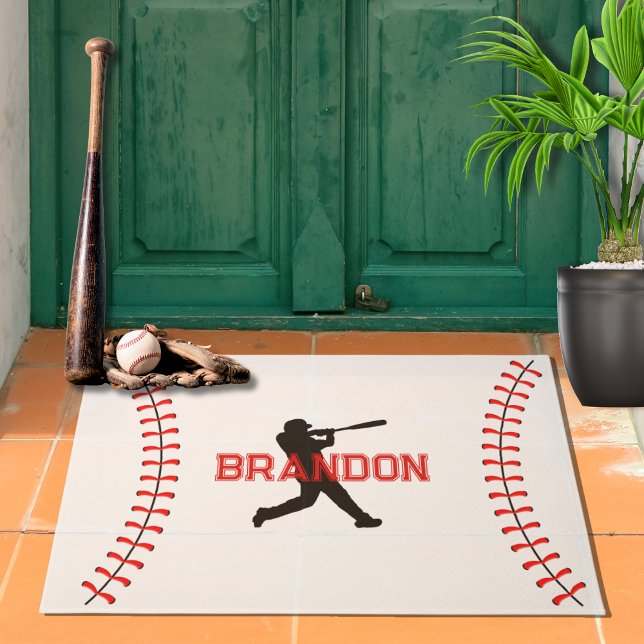Tapete Jogador De Baseball Silhout Com Tema De Esporte De (Personalized Name Baseball Sports Theme Red White Front Door or Bedroom Doormat With Baseball Player)