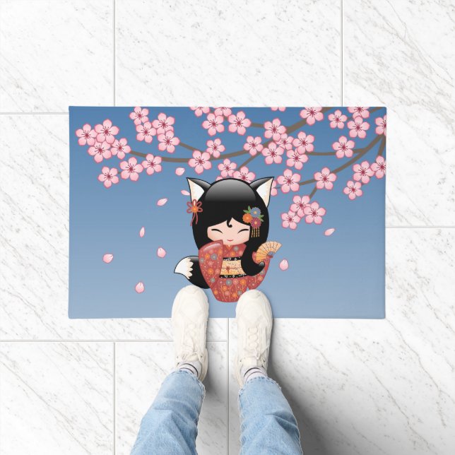 Tapete Kitsune Kokeshi Doll - Rapariga Negra Fox Geisha (Interior)