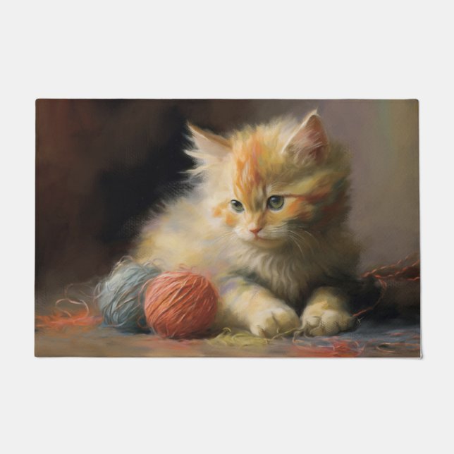 Tapete Knit Acontece Laranja Kitten Brincando Com Yarn (Frente)