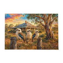 Kookaburras ao pôr do sol em cerca de arame farpad