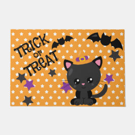 TAPETE LARANJA E ESTRELAS BRANCAS COM GATO PRETO E BATATO