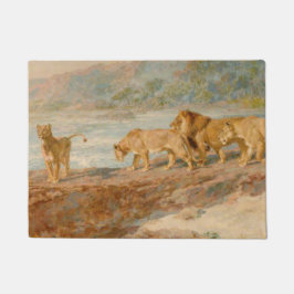 Tapete Leão e Leões na margem de um rio africano