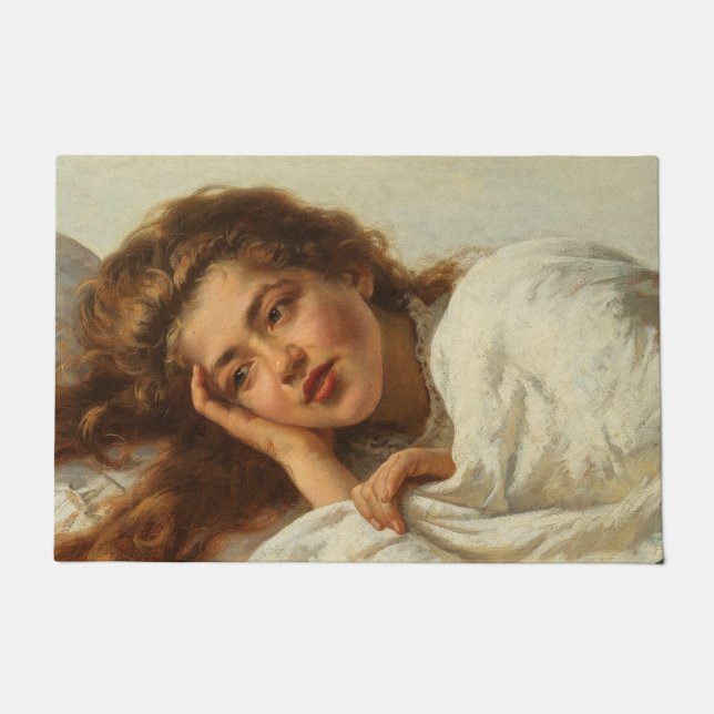 Tapete Linda garota deitada na cama com cabelo vermelho (Frente)