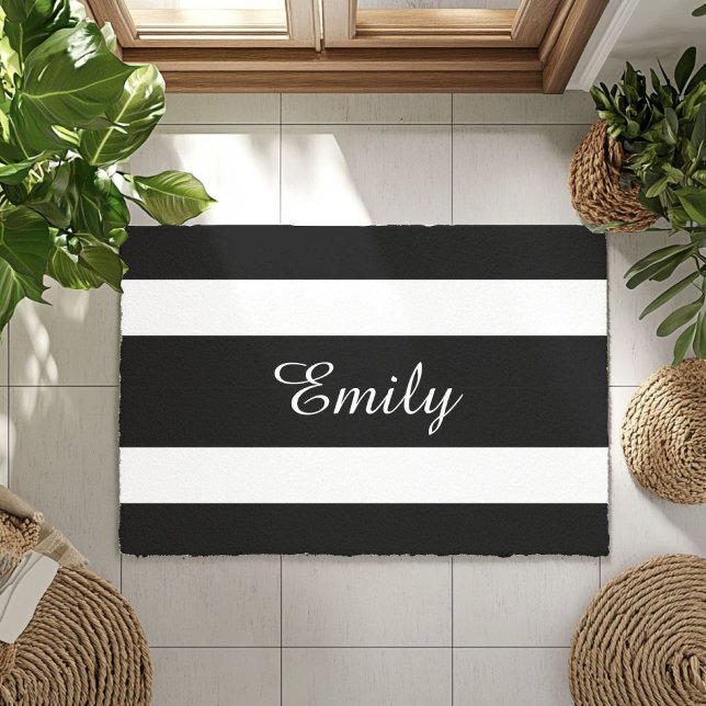 Tapete Listras Pretas E Brancas Modernas Nome (Modern Black And White Stripes Name Doormat)