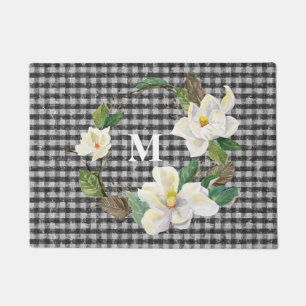 Tapete Magnólia Floral Monogramas Verificação em Preto