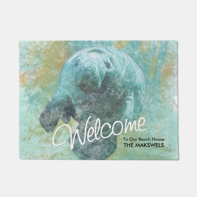 Tapete Manatee Painting Beach House Mat de Boas-vindas (Frente)