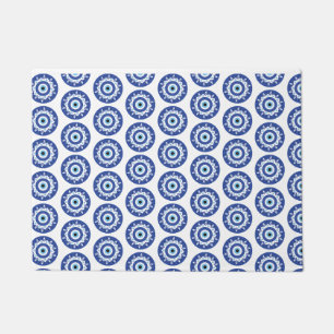 Tapete Mandala Grego Mau Olho Padrão Azul Branco