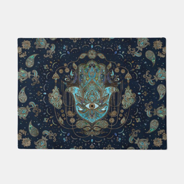 Tapete Mão de Hamsa - Mão de Gemstones Azuis de Fátima (Frente)